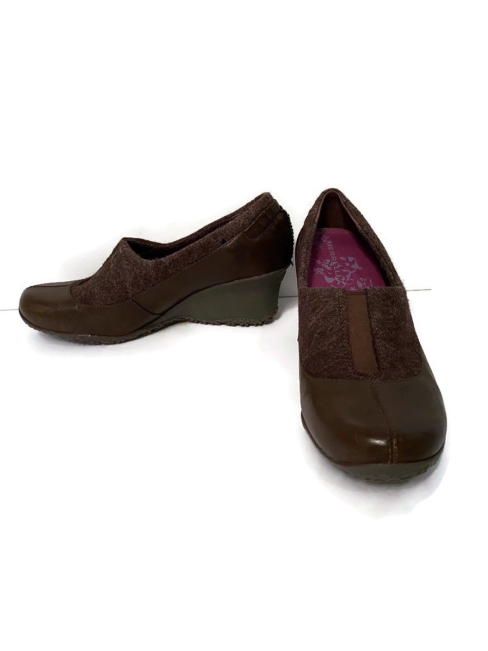 MERRELL SHOES WEDGE BROWN LEATHER FABRIC COMBO COMFORT HEEL Size 7.5 TULIP